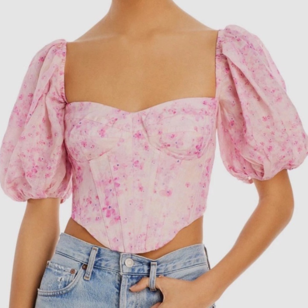 Bardot Kiah Corset Top Pink Floral Puff Sleeve Ramie Size S US 4 NWT Coquette